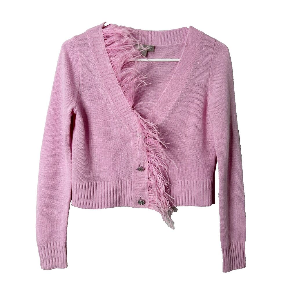 J.Crew Feather Trim Cardigan Sweater Wool Cashmere Pink XXS Coquette Balletcore